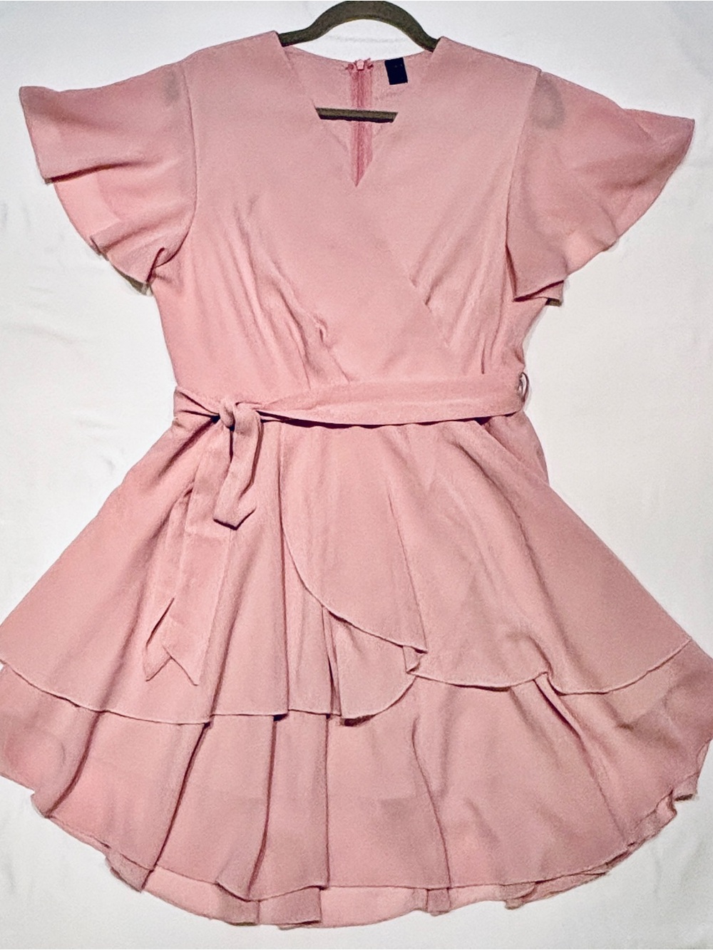 Soft Pink Faux Wrap Tiered Ruffle Dress